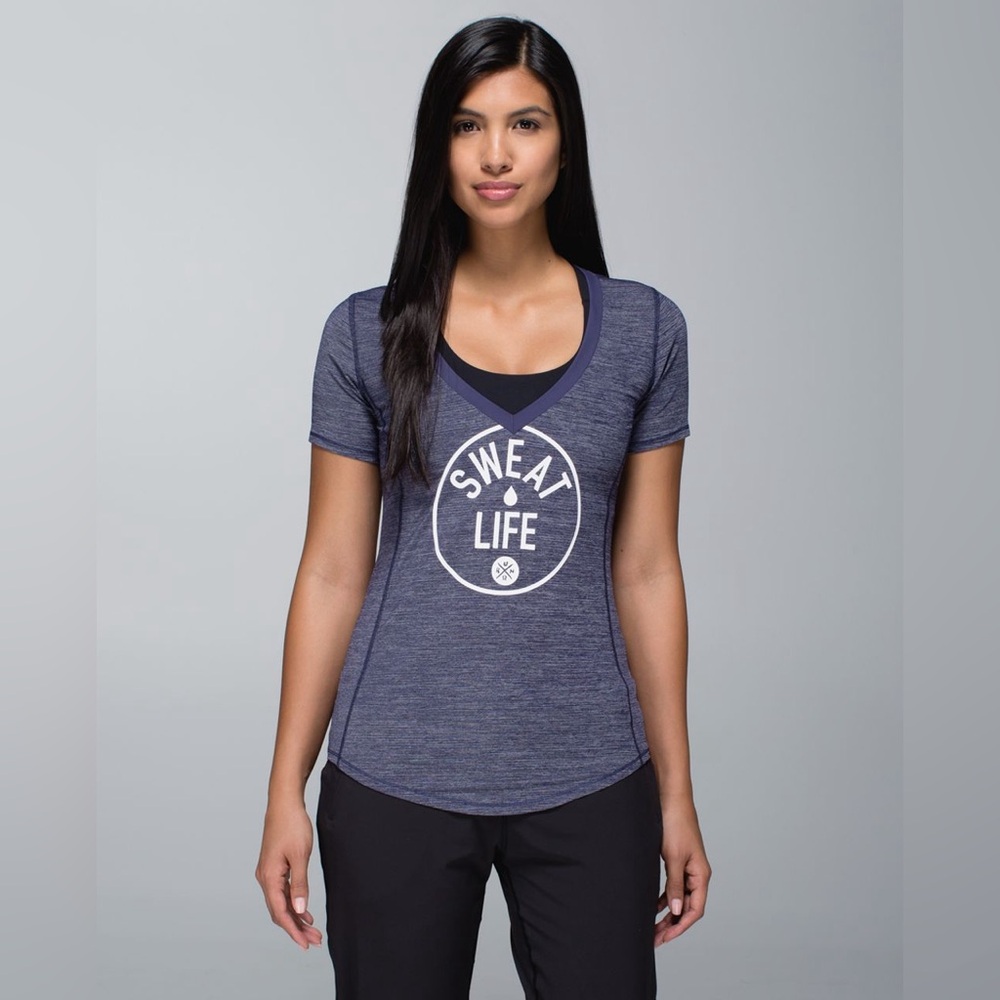 Lululemon RunnerUp "Sweat Life" Short Sleeve V-neck Heathered Cadet Blue Size L?